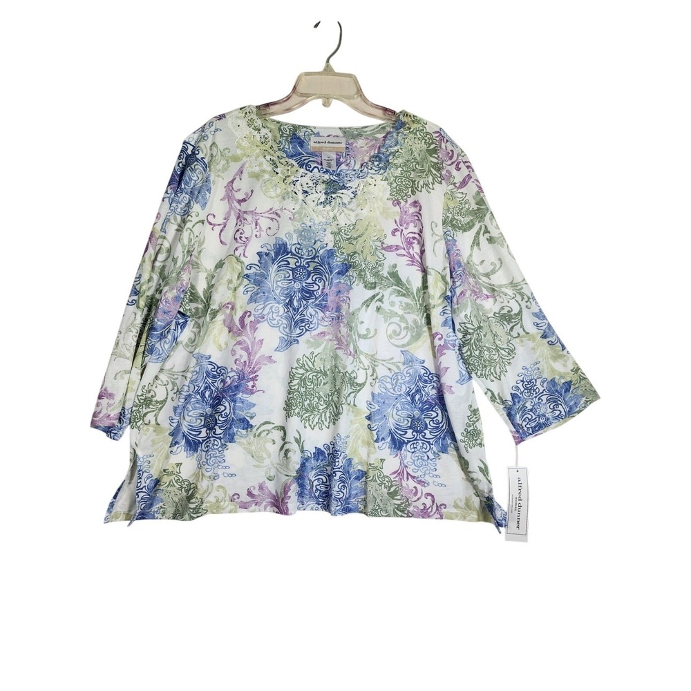 Alfred Dunner NWT 3X Floral Top Lace Neck Embellished 3/4 Sleeve Grandmacore